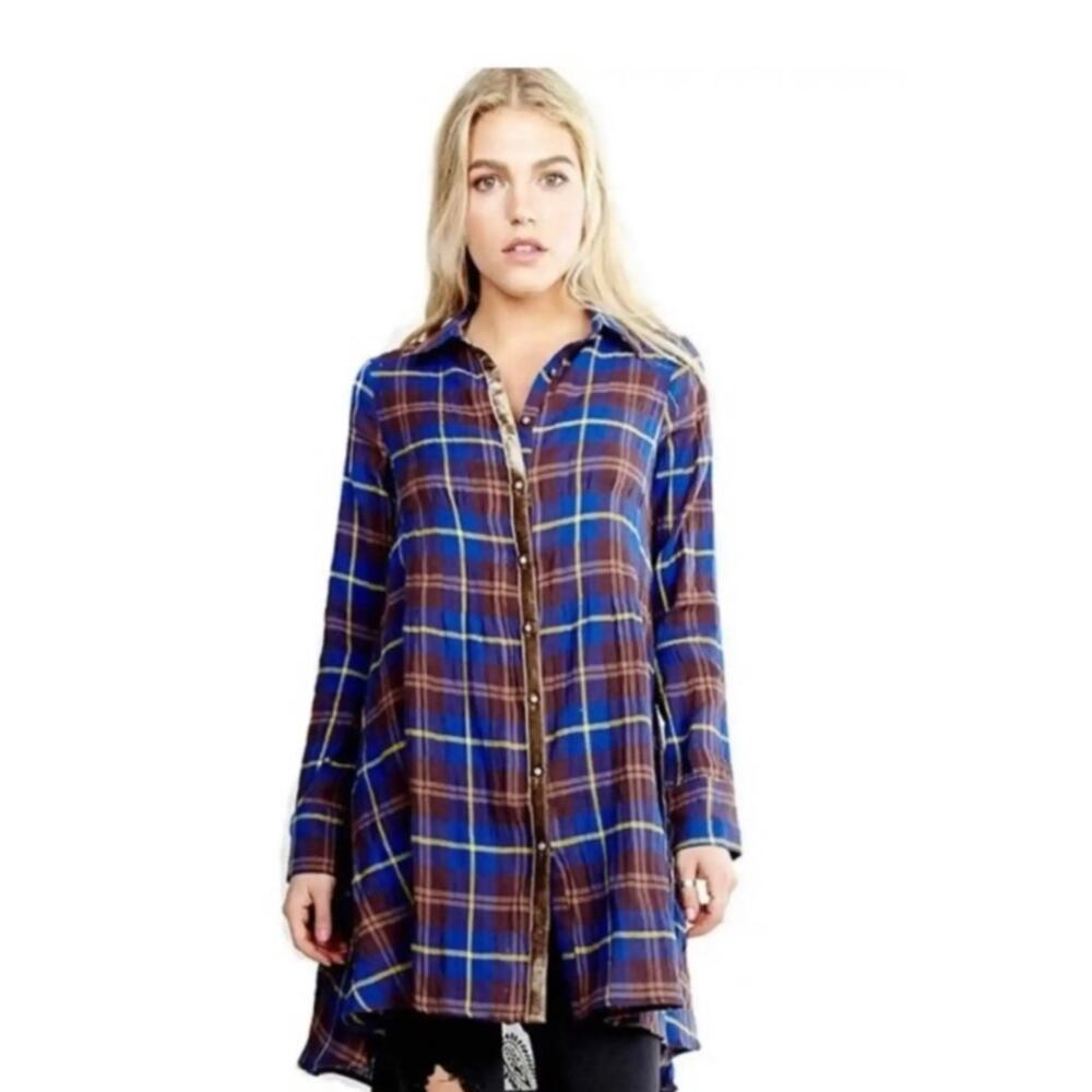 Aratta Silent Journey Tunic Blouse Womens Medium Blue Plaid Excellent Velvet